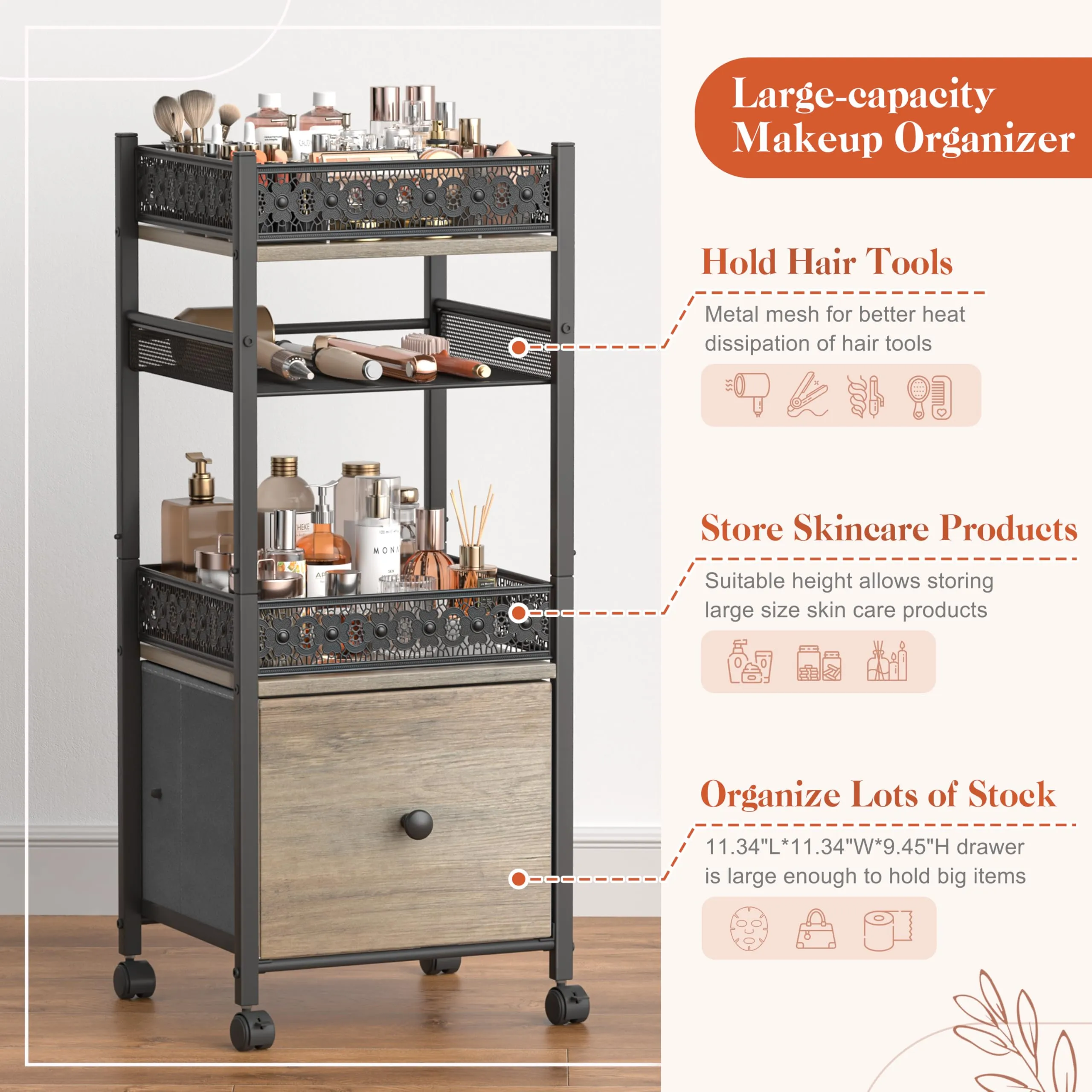 Makeup Organizer, Large Skincare Organizers, Make Up Organizers for Vanity, Makeup Storage Cosmetic Organizer with Drawer, Bathroom Vanity Organizer Makeup Holder Cart for Skin Care Hair Tool Beauty