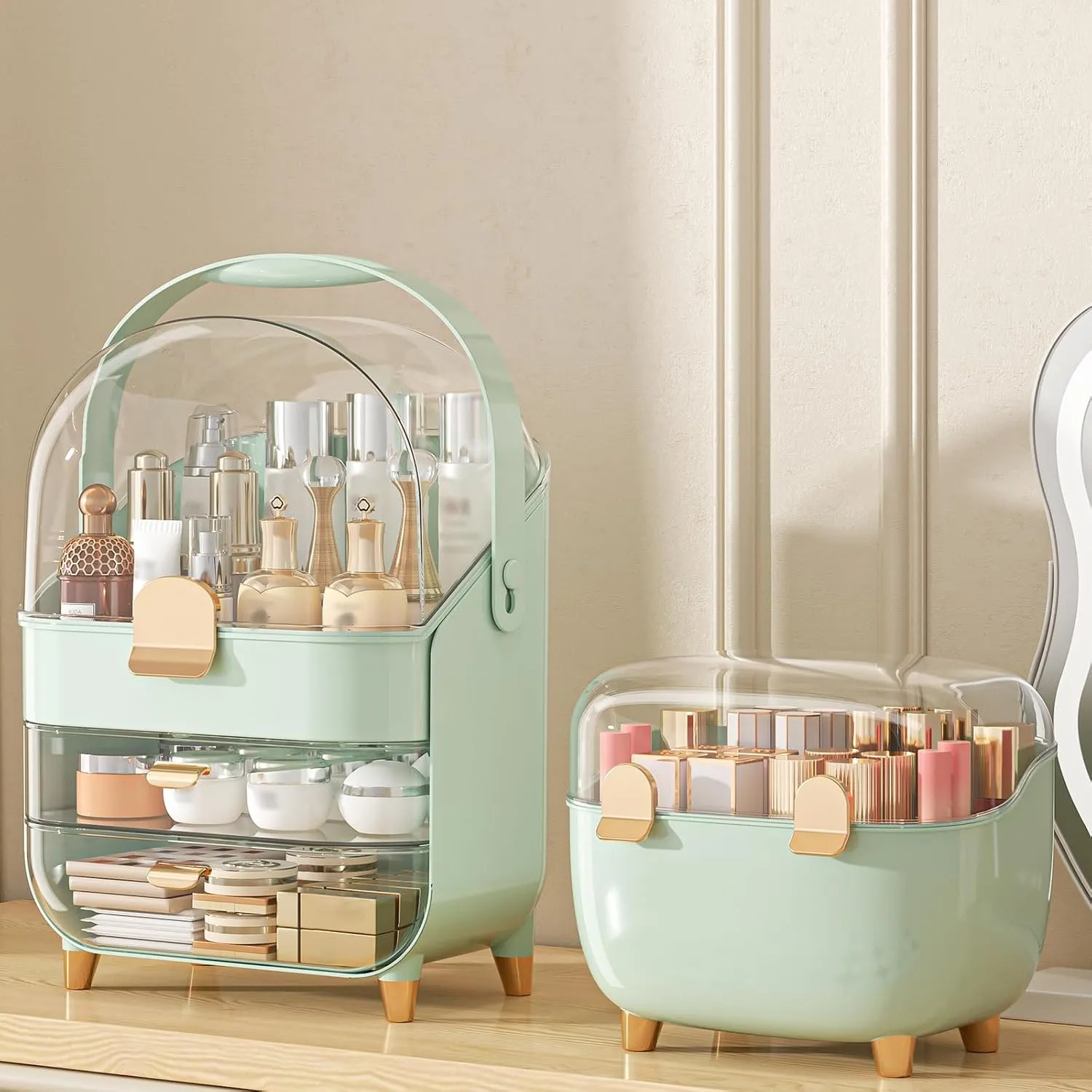 Makeup Organizer, Skincare Holder Bathroom Counter Organizer, Storage Box Cosmetic Display Cases, Teen Girl Gifts Trendy Stuff Make up Organizers for Vanity, Dresser, Countertop (Green)