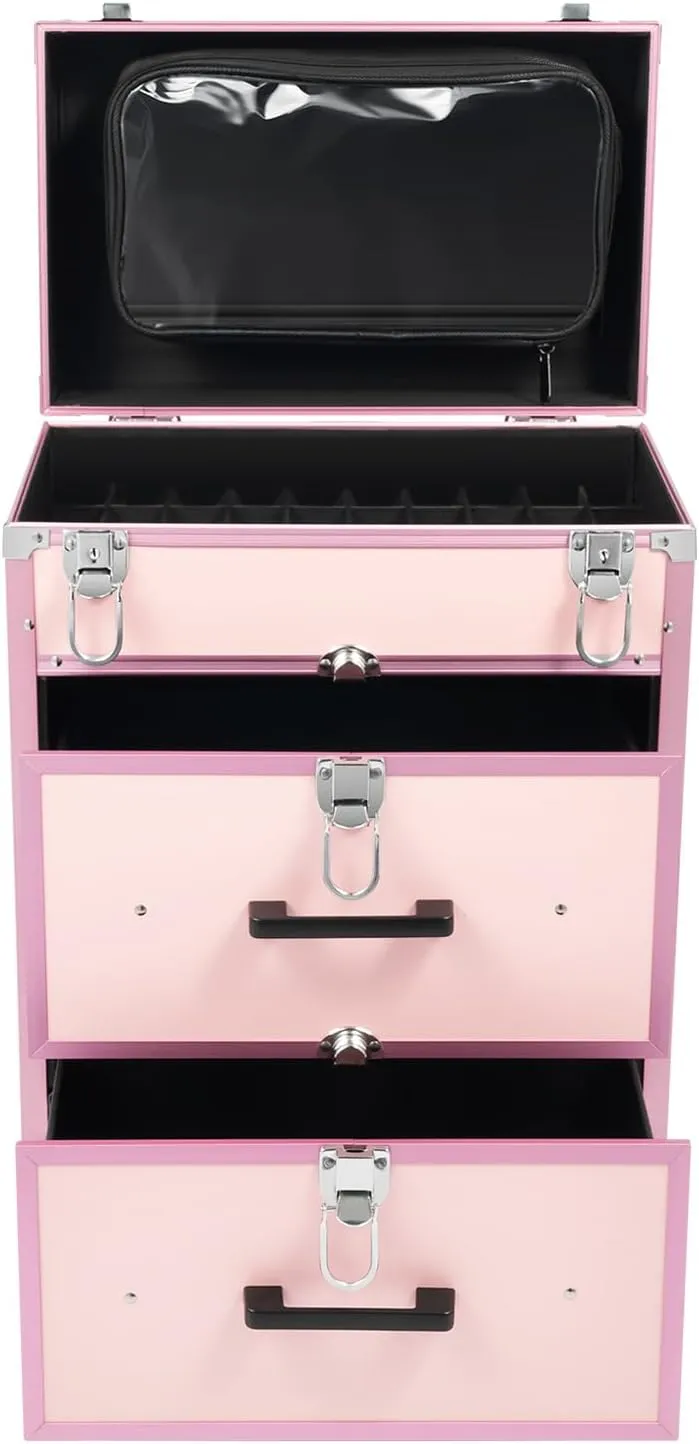Makeup Rolling Train Case, Pink Makeup Train Case, Trolley Rolling Makeup Train Case with 4 Wheels and Locks, Professional Cosmetic Make up Organizer Case for Hairdressers, Makeup Artists