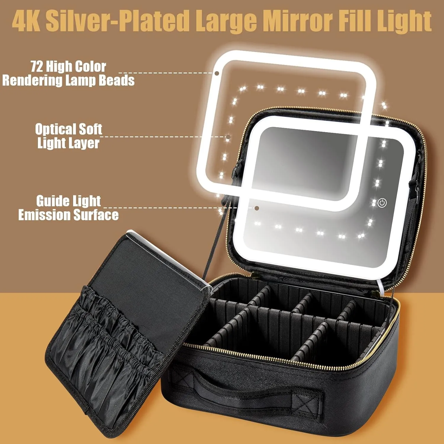 Makeup Travel Bag with LED Lighted Mirror Adjustable Brightness Portable Waterproof Makeup Case with Adjustable Dividers, Make up Train Case Organizer Makeup Brush Accessories and Tool Case