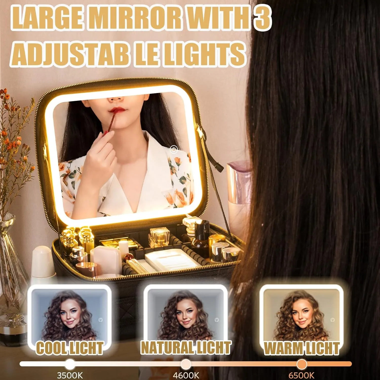 Makeup Travel Bag with LED Lighted Mirror Adjustable Brightness Portable Waterproof Makeup Case with Adjustable Dividers, Make up Train Case Organizer Makeup Brush Accessories and Tool Case
