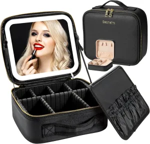 Makeup Travel Bag with LED Lighted Mirror Adjustable Brightness Portable Waterproof Makeup Case with Adjustable Dividers, Make up Train Case Organizer Makeup Brush Accessories and Tool Case