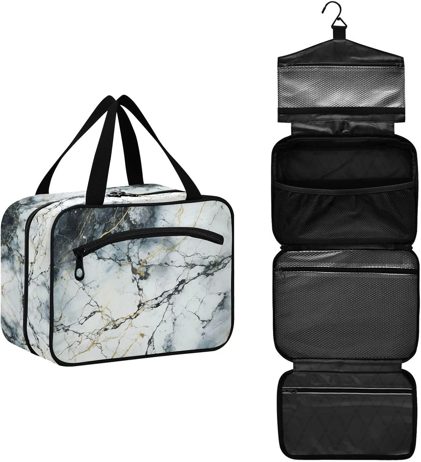 Marble Abstract White Black Hanging Travel Toiletry Cosmetic Makeup Bag Large Capacity Foldable Storage Wash Bags for Women Girls Bathroom