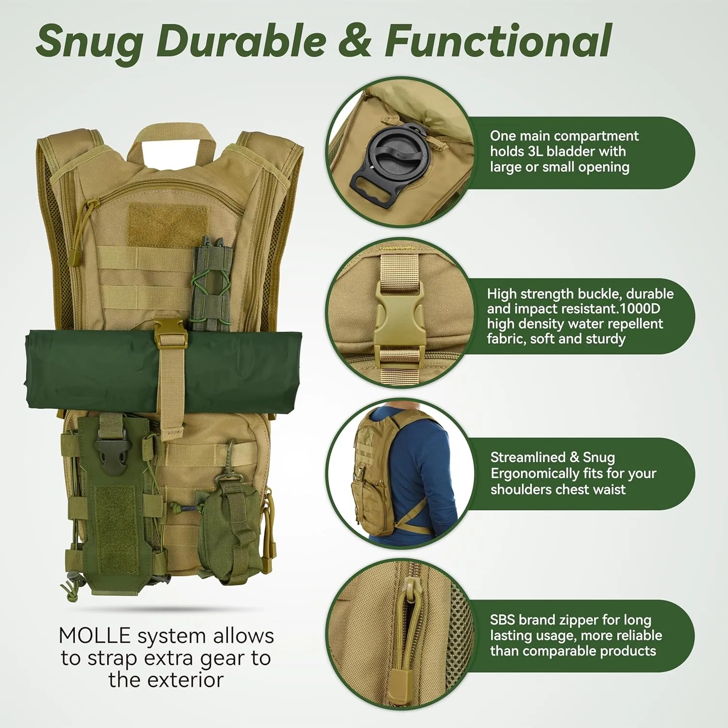 MARCHWAY Tactical Molle Hydration Pack Backpack with 3L TPU Water Bladder, Military Daypack for Cycling, Hiking, Running, Climbing, Hunting, Biking