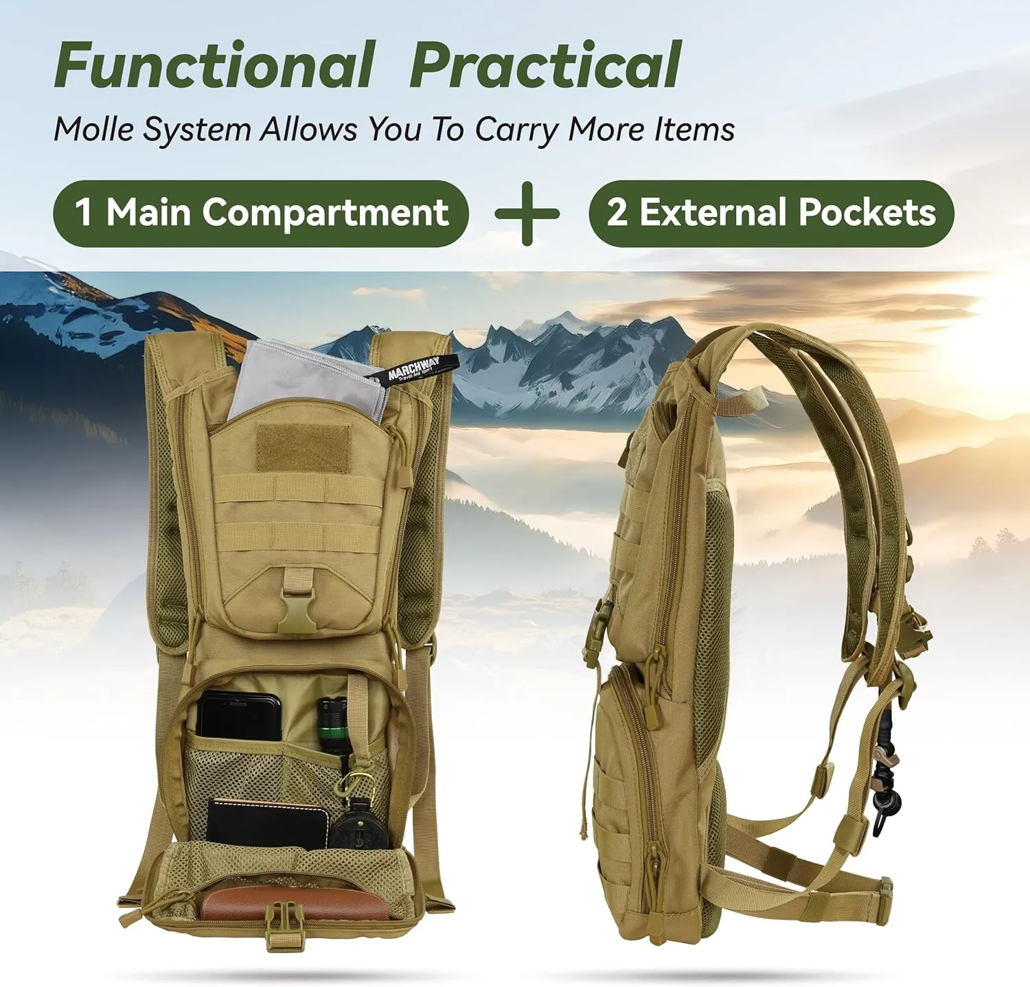 MARCHWAY Tactical Molle Hydration Pack Backpack with 3L TPU Water Bladder, Military Daypack for Cycling, Hiking, Running, Climbing, Hunting, Biking