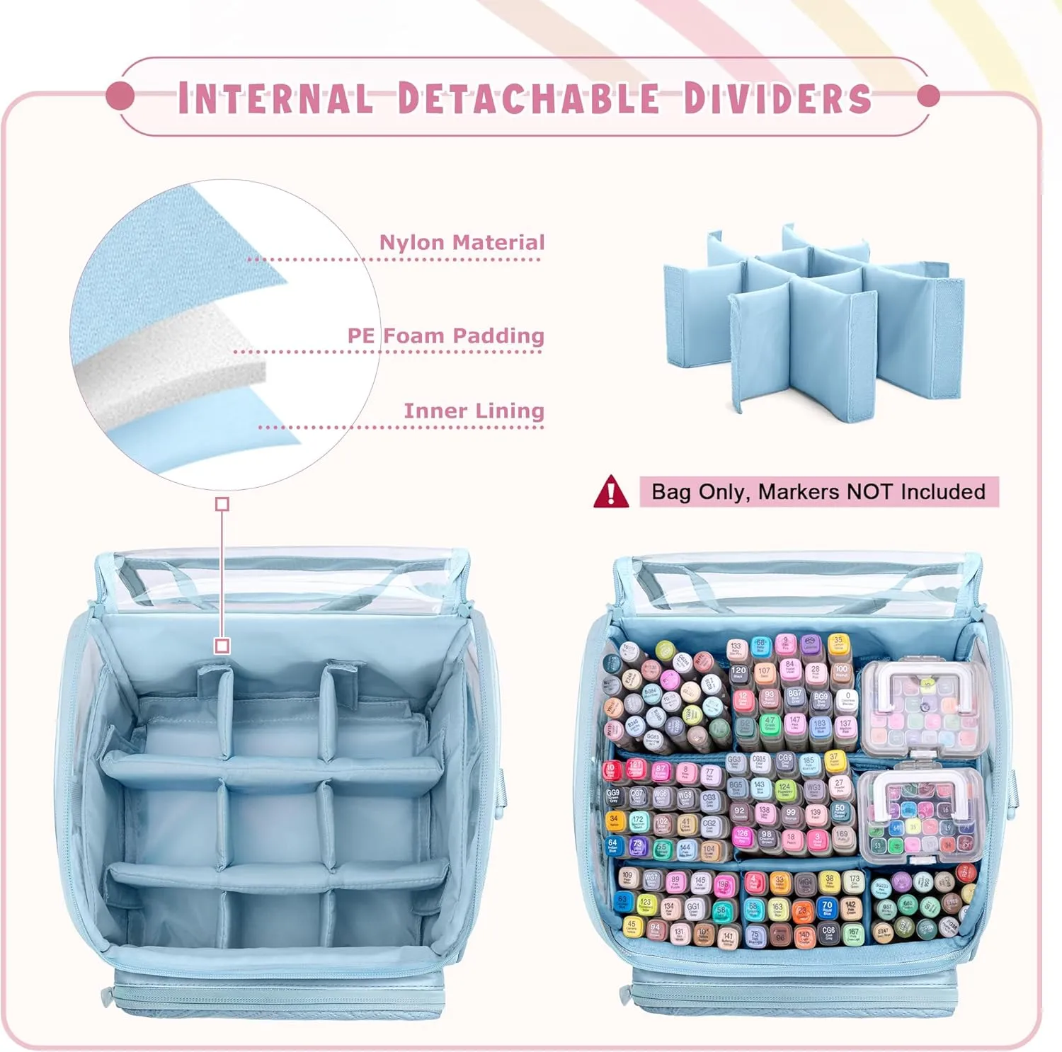 Marker Organizer Case for 180 Markers, Large Marker Storage Bag with Divider for Adults, Marker Travel Holder Case Bag for Various Markers or Art Craft Supply, Blue (Patented Design)