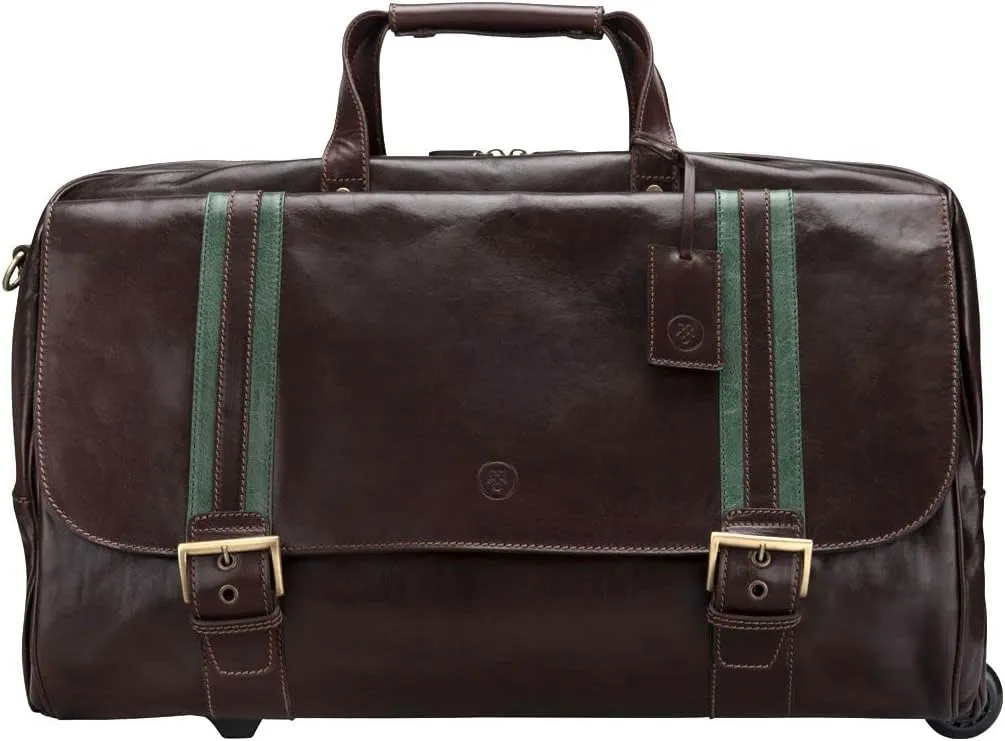 Maxwell Scott - Mens Luxury Leather Large Wheeled Duffle Bag with Pull Out Handle - Made in Italy - The Dino Large Dark Brown