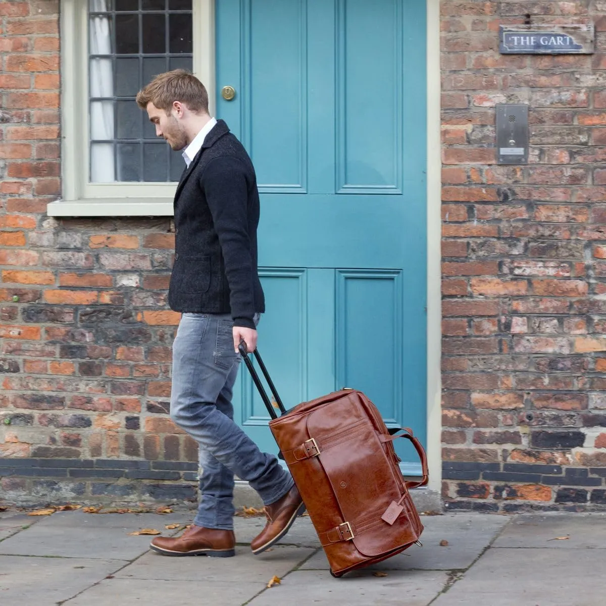 Maxwell Scott - Mens Luxury Leather Large Wheeled Duffle Bag with Pull Out Handle - Made in Italy - The Dino Large Dark Brown