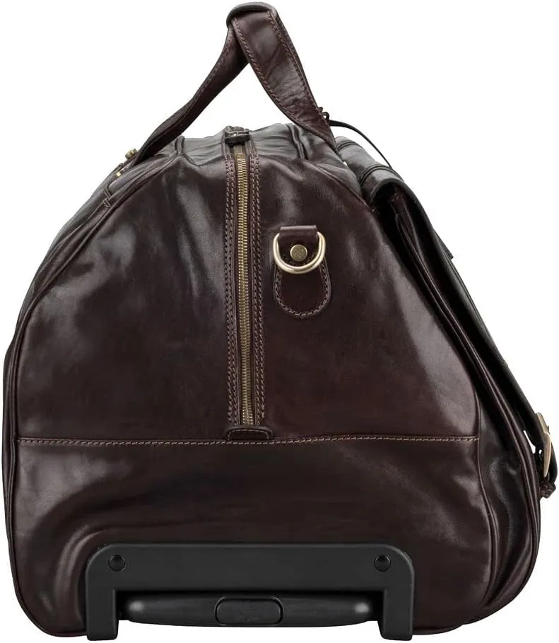 Maxwell Scott - Mens Luxury Leather Large Wheeled Duffle Bag with Pull Out Handle - Made in Italy - The Dino Large Dark Brown