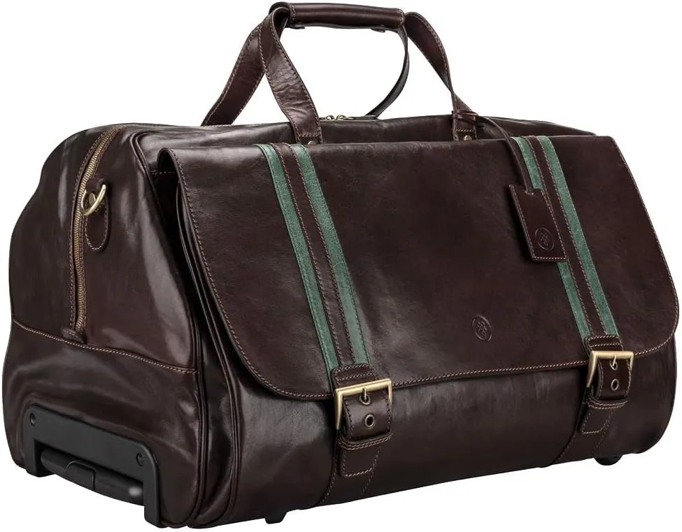 Maxwell Scott - Mens Luxury Leather Large Wheeled Duffle Bag with Pull Out Handle - Made in Italy - The Dino Large Dark Brown