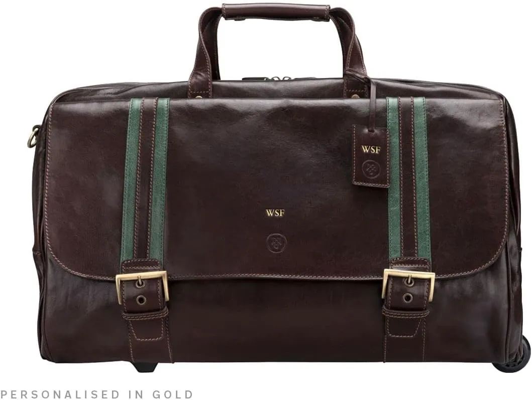 Maxwell Scott - Mens Luxury Leather Large Wheeled Duffle Bag with Pull Out Handle - Made in Italy - The Dino Large Dark Brown