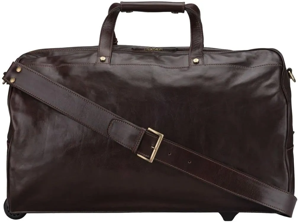 Maxwell Scott - Mens Luxury Leather Large Wheeled Duffle Bag with Pull Out Handle - Made in Italy - The Dino Large Dark Brown