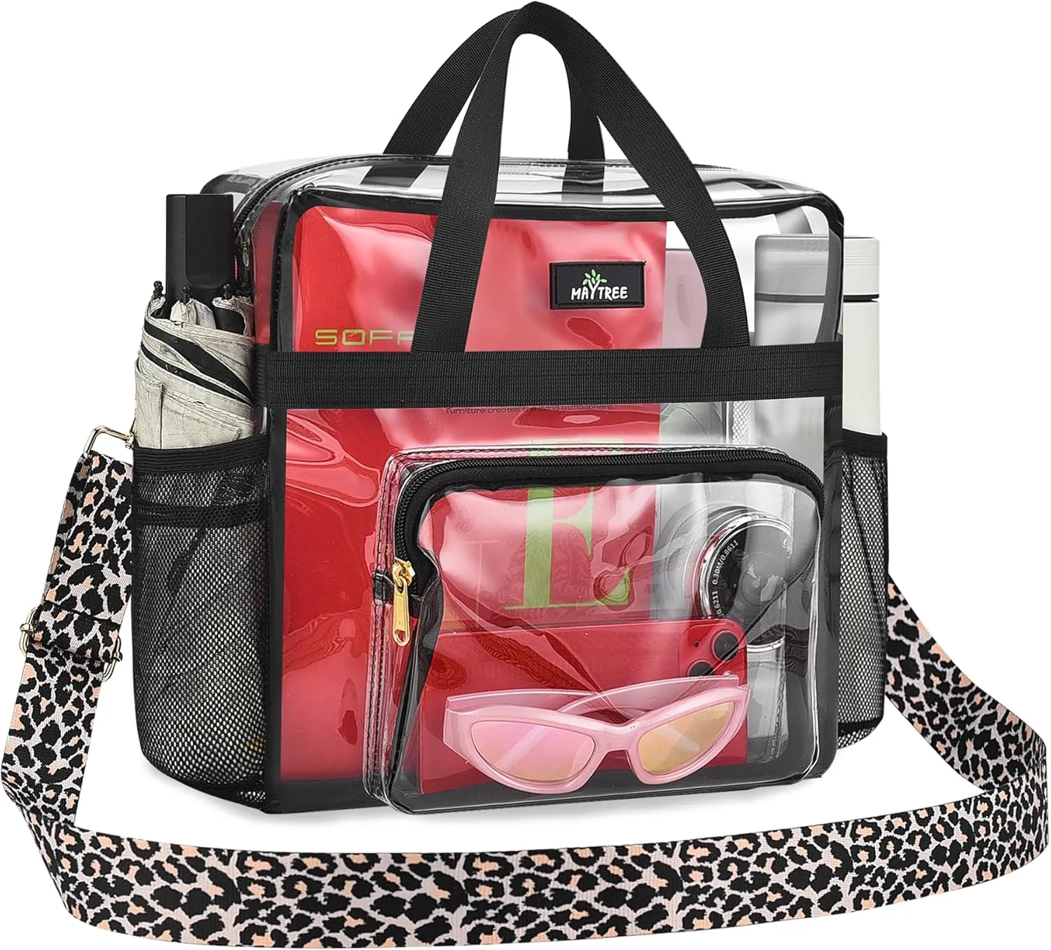 MAY TREE Clear Bag for Stadium Events, 12x6x12 Clear Tote Bag with Removable Strap, Transparent Bag for Concert Sports Festival, Leopard-Strap