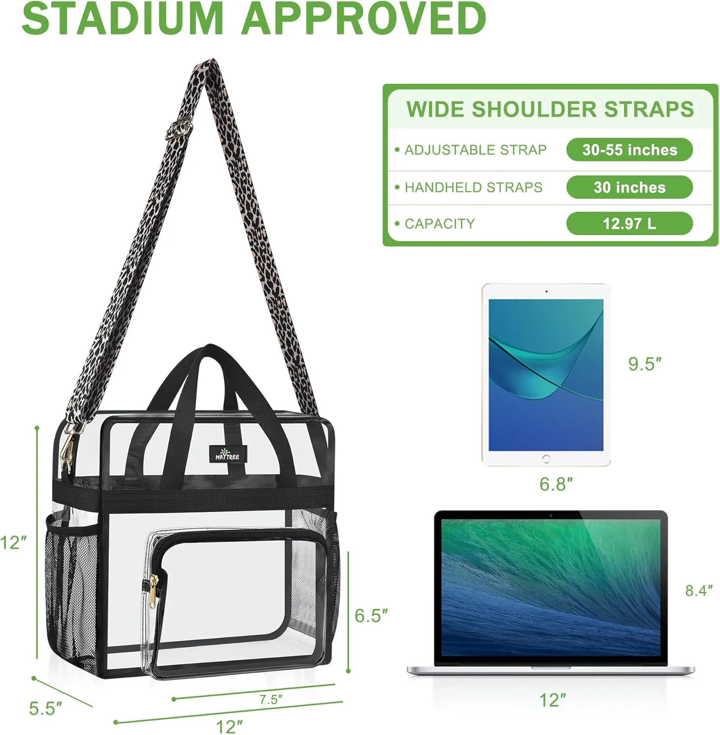 MAY TREE Clear Bag for Stadium Events, 12x6x12 Clear Tote Bag with Removable Strap, Transparent Bag for Concert Sports Festival, Leopard-Strap
