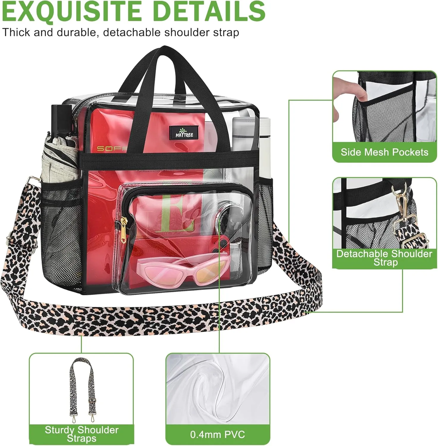 MAY TREE Clear Bag for Stadium Events, 12x6x12 Clear Tote Bag with Removable Strap, Transparent Bag for Concert Sports Festival, Leopard-Strap