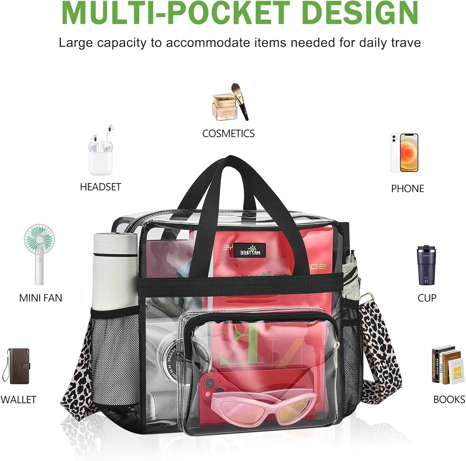 MAY TREE Clear Bag for Stadium Events, 12x6x12 Clear Tote Bag with Removable Strap, Transparent Bag for Concert Sports Festival, Leopard-Strap