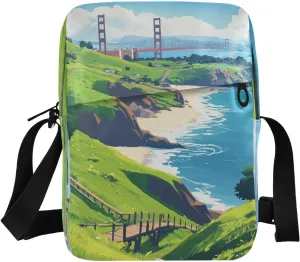 MCHIVER Small Messenger Bag Green Sailboat Landscape Crossbody Bag for Men Women Cell Phone Purse for Work Business