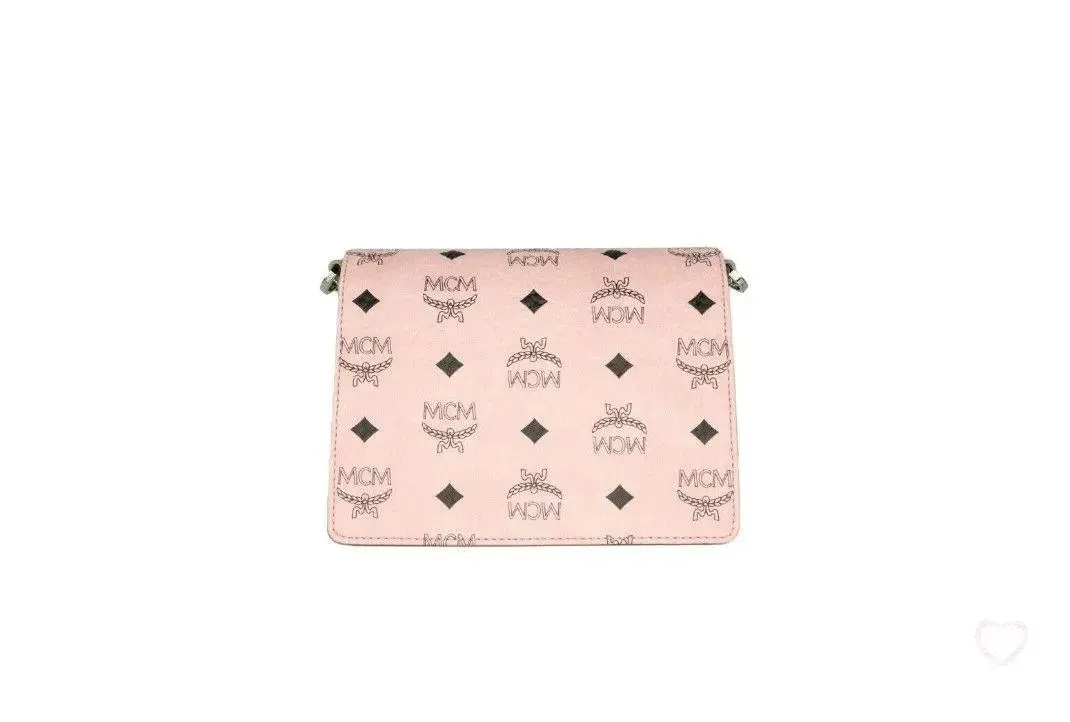 MCM Signature Soft Pink Diamond Logo Leather Mini Flap Lock Crossbody Handbag