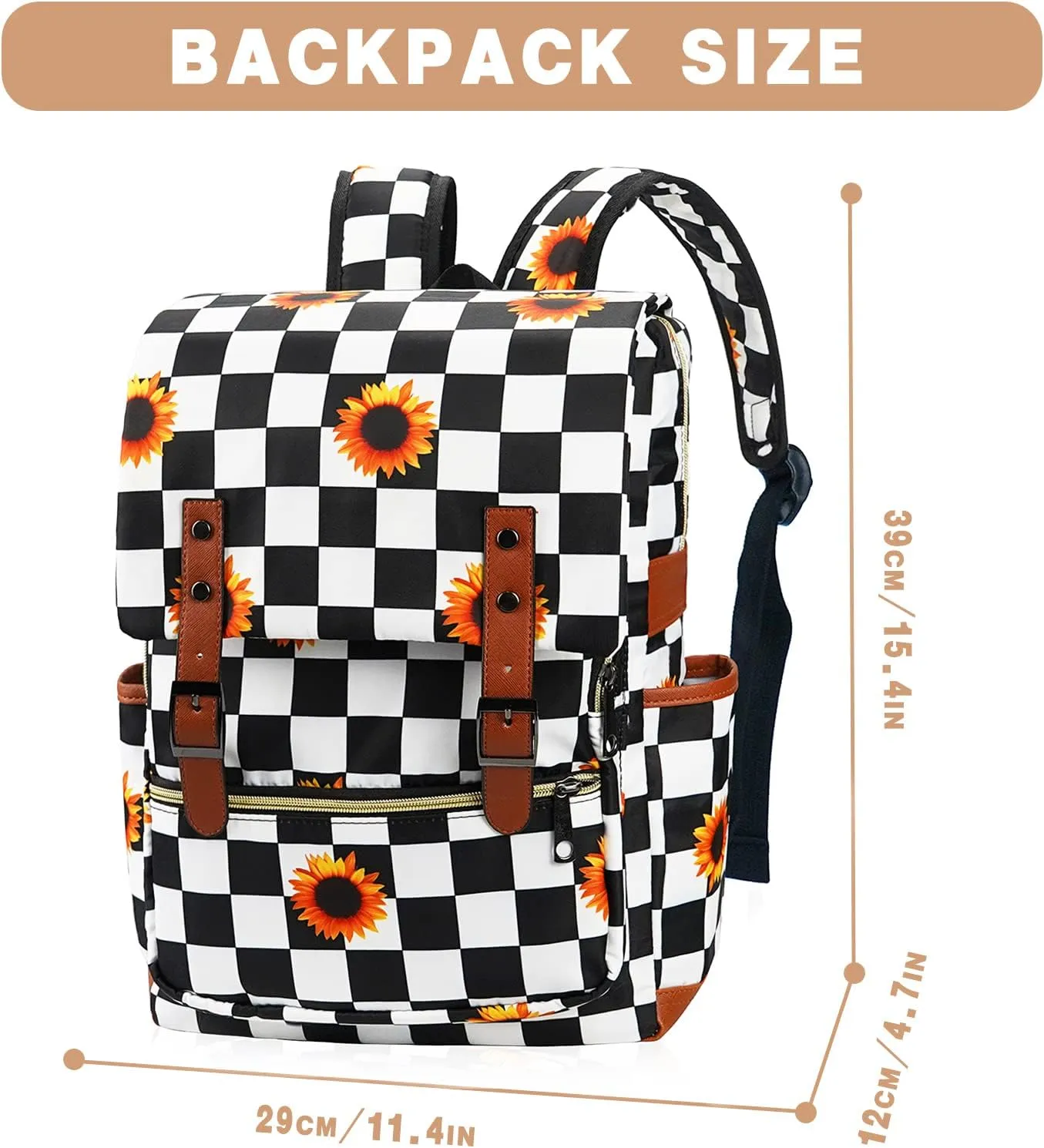 MCWTH Checkered Sunflower Laptop Backpack for Girls Women, 15.6 inch College School Bag Bookbag