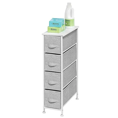 mDesign Narrow Vertical Dresser Storage Tower - Sturdy Metal Frame, Wood Top, Easy Pull Fabric Bins - Organizer Unit for Bedroom, Hallway, Entryway, Closet - Textured Print, 4 Drawers - Gray/White