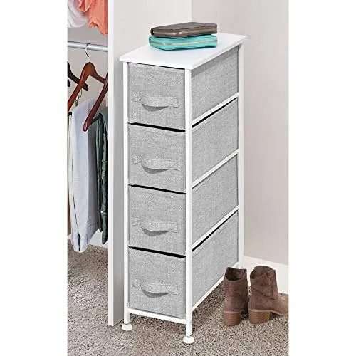 mDesign Narrow Vertical Dresser Storage Tower - Sturdy Metal Frame, Wood Top, Easy Pull Fabric Bins - Organizer Unit for Bedroom, Hallway, Entryway, Closet - Textured Print, 4 Drawers - Gray/White