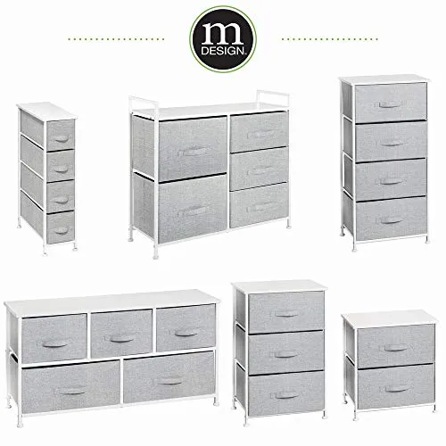 mDesign Narrow Vertical Dresser Storage Tower - Sturdy Metal Frame, Wood Top, Easy Pull Fabric Bins - Organizer Unit for Bedroom, Hallway, Entryway, Closet - Textured Print, 4 Drawers - Gray/White