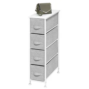 mDesign Narrow Vertical Dresser Storage Tower - Sturdy Metal Frame, Wood Top, Easy Pull Fabric Bins - Organizer Unit for Bedroom, Hallway, Entryway, Closet - Textured Print, 4 Drawers - Gray/White