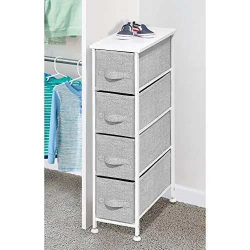 mDesign Narrow Vertical Dresser Storage Tower - Sturdy Metal Frame, Wood Top, Easy Pull Fabric Bins - Organizer Unit for Bedroom, Hallway, Entryway, Closet - Textured Print, 4 Drawers - Gray/White