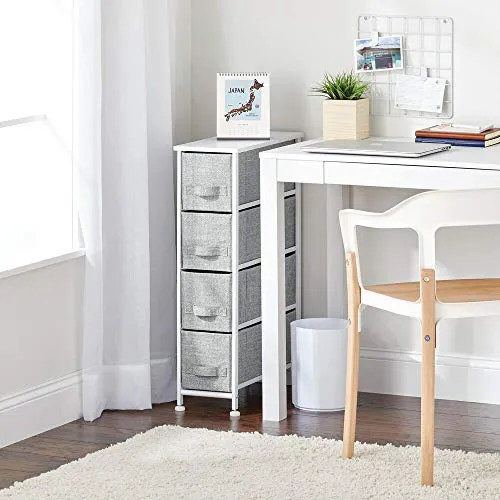 mDesign Narrow Vertical Dresser Storage Tower - Sturdy Metal Frame, Wood Top, Easy Pull Fabric Bins - Organizer Unit for Bedroom, Hallway, Entryway, Closet - Textured Print, 4 Drawers - Gray/White