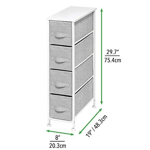 mDesign Narrow Vertical Dresser Storage Tower - Sturdy Metal Frame, Wood Top, Easy Pull Fabric Bins - Organizer Unit for Bedroom, Hallway, Entryway, Closet - Textured Print, 4 Drawers - Gray/White