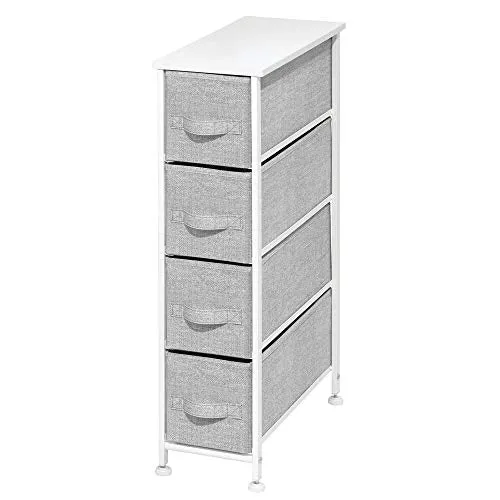 mDesign Narrow Vertical Dresser Storage Tower - Sturdy Metal Frame, Wood Top, Easy Pull Fabric Bins - Organizer Unit for Bedroom, Hallway, Entryway, Closet - Textured Print, 4 Drawers - Gray/White