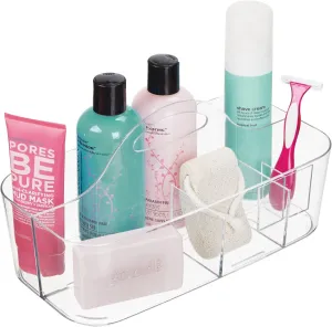 mDesign Plastic Divided Shower Organizer Basket Caddy Tote with Handle - Storage for Bathroom or Dorm - Holds Hand Soap, Shampoo, Sponges, Scrubs, and Body Wash - Lumiere Collection - Clear
