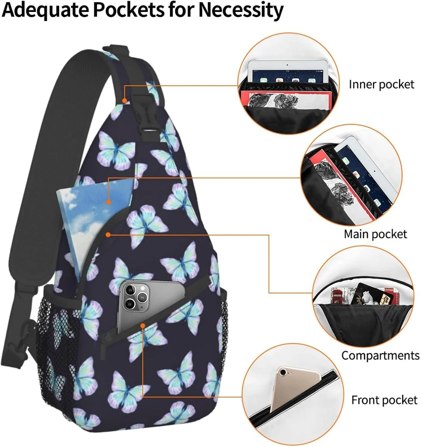 Meadow Blue Butterflies Sling Bag for Women Men Crossbody Backpack Hiking Travel Daypack Chest Shoulder Bag with Adjustable Strap