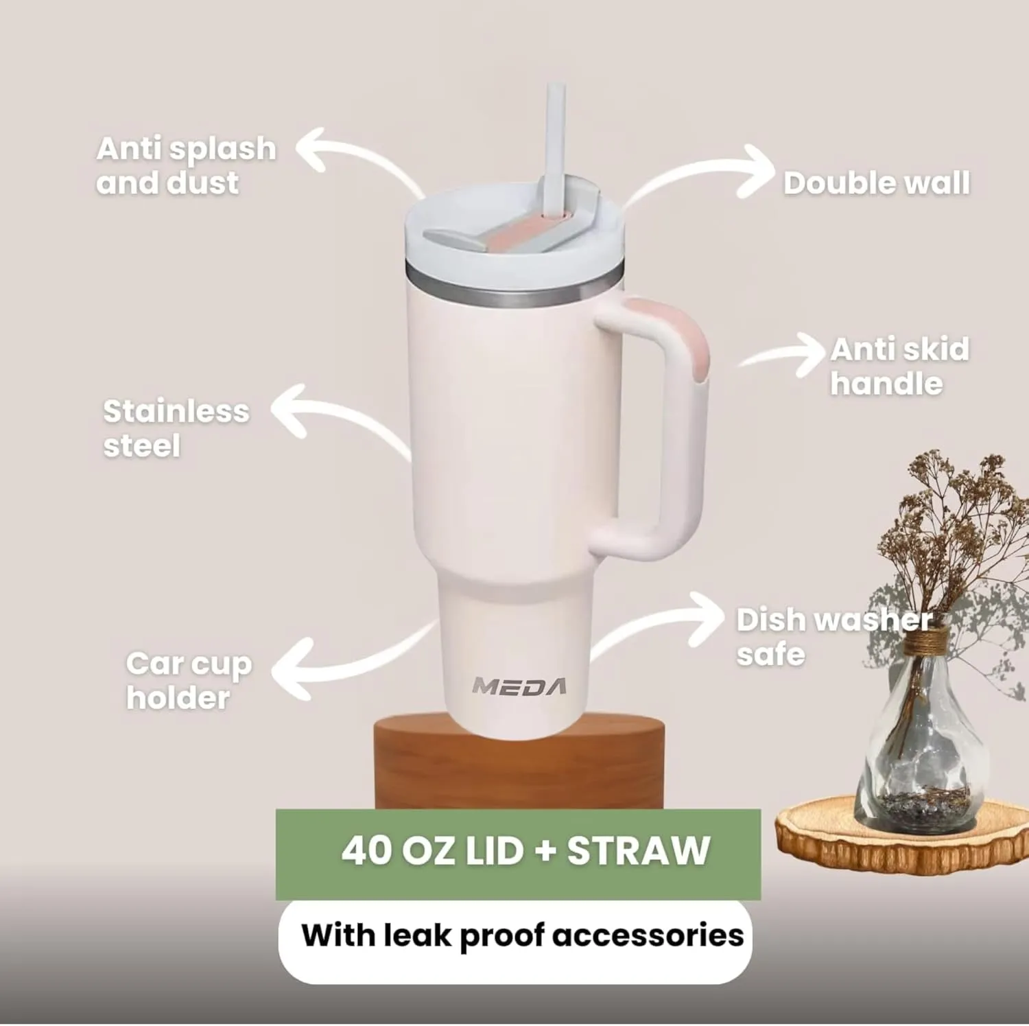 MEDA Tumbler with Lid & Straw 40oz | Leak Proof,Insulated, Reusable Travel Coffee Mug Stainless Steel | Includes Tumbler Accessories Straw Cover   Silicone Boot for Water,Iced Tea,Coffee (Rose, 40oz)