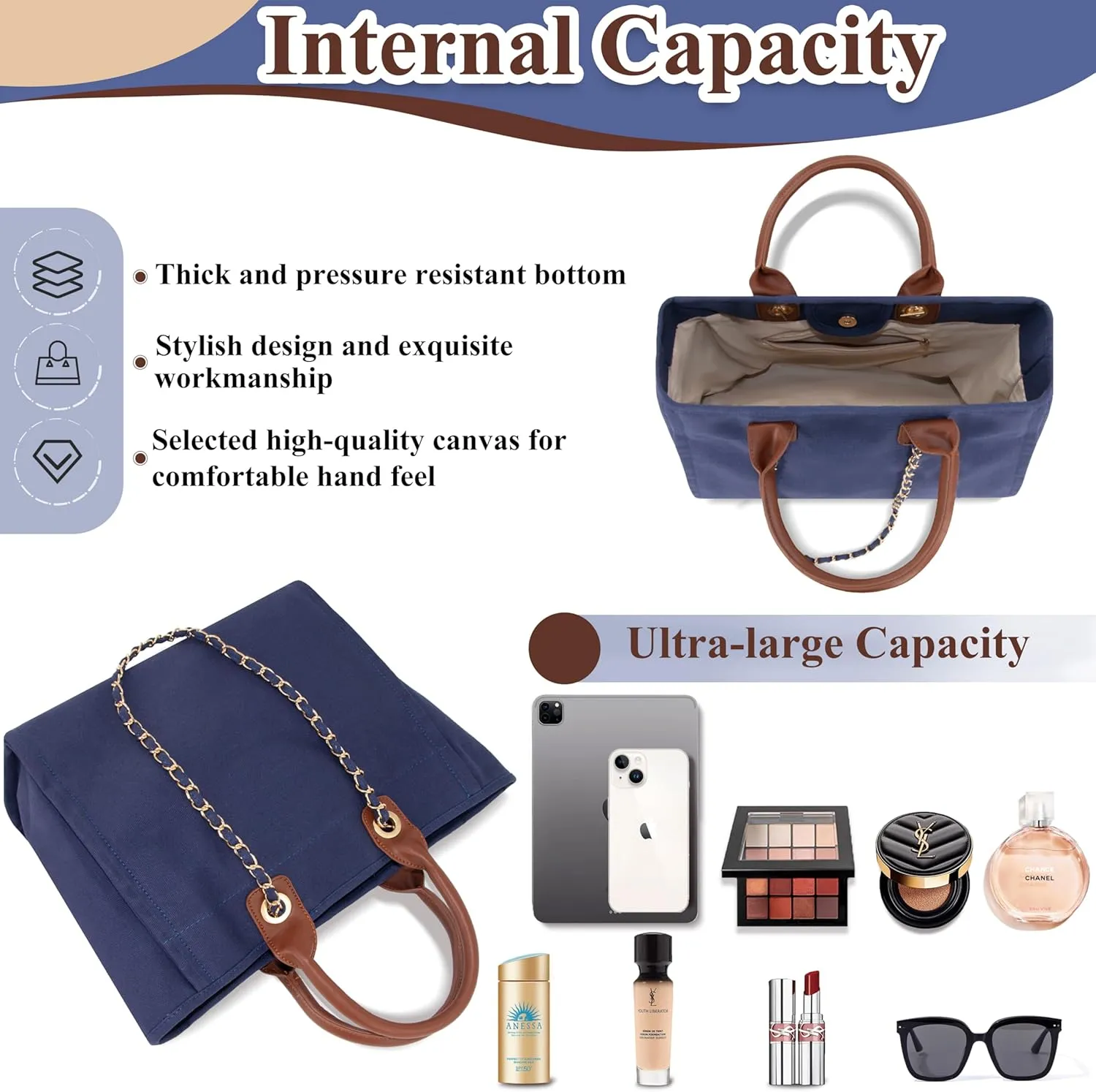 Medium Canvas Tote bag for women Casual Shoulder Work Bag Everything Handbag with Removable Chains