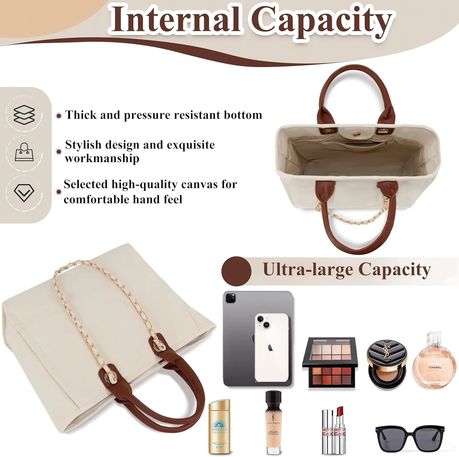 Medium Canvas Tote bag for women Casual Shoulder Work Bag Everything Handbag with Removable Chains