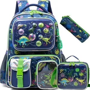 Meetbelify Dinosaur Backpacks for Boys School Backpacks for Elementary Students Ages 8-10 Kids Aesthetic Travel Backpack Large Capacity Laptop Bookbag with Lunch Box 3 in 1 Backpack Set for Boys