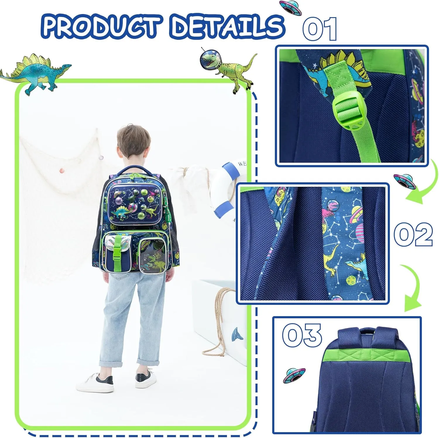 Meetbelify Dinosaur Backpacks for Boys School Backpacks for Elementary Students Ages 8-10 Kids Aesthetic Travel Backpack Large Capacity Laptop Bookbag with Lunch Box 3 in 1 Backpack Set for Boys