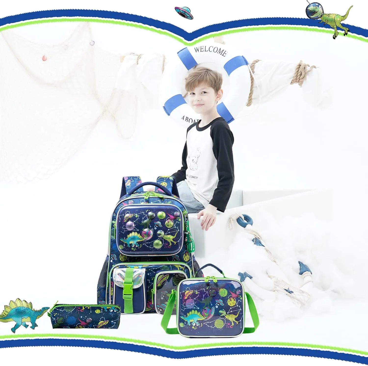 Meetbelify Dinosaur Backpacks for Boys School Backpacks for Elementary Students Ages 8-10 Kids Aesthetic Travel Backpack Large Capacity Laptop Bookbag with Lunch Box 3 in 1 Backpack Set for Boys