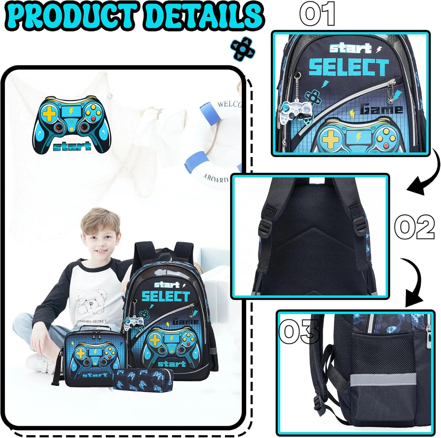 Meetbelify School Backpack for Boys Backpacks for Elementary Students Ages 8-10 Kids Travel Bookbag with Lunch Box Pencil Case 3 in 1 Backpack Set for Boys