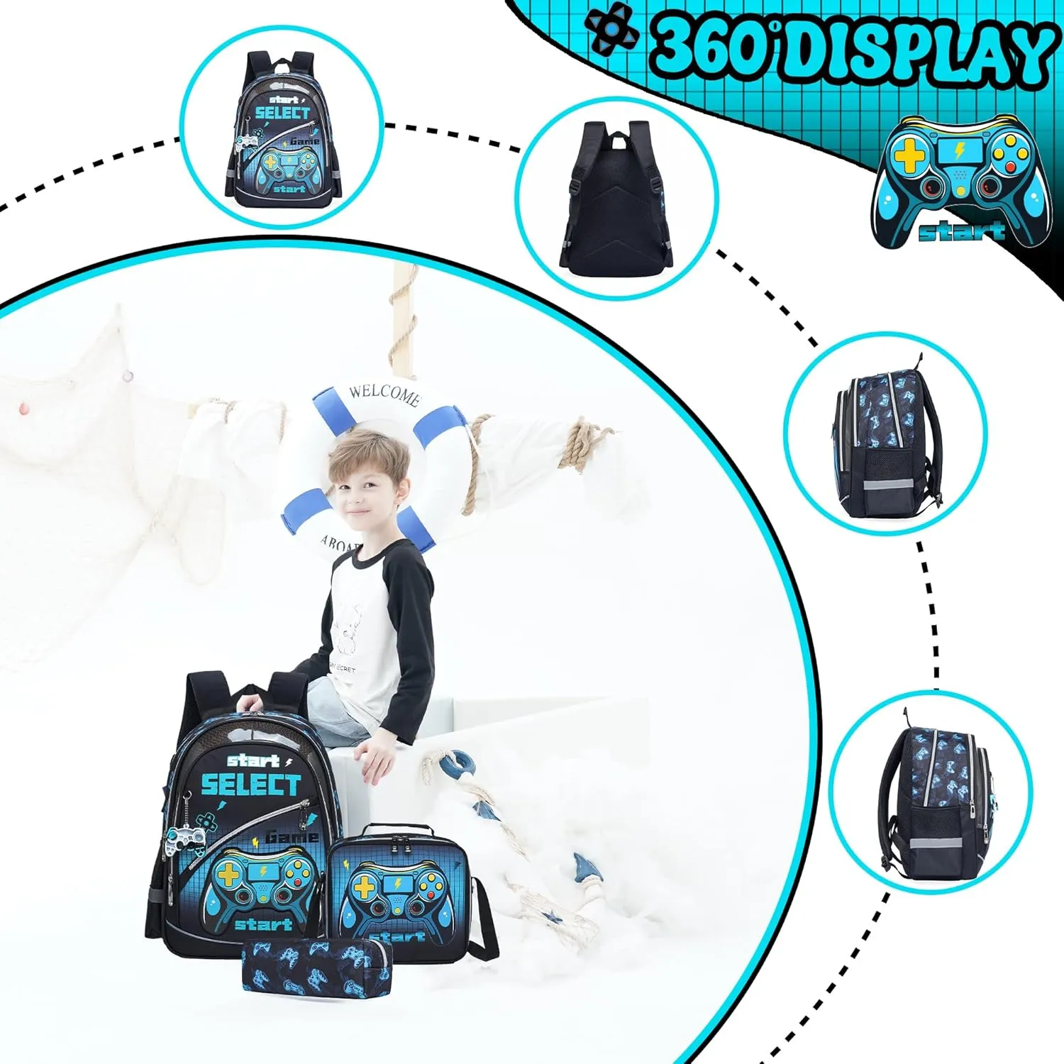 Meetbelify School Backpack for Boys Backpacks for Elementary Students Ages 8-10 Kids Travel Bookbag with Lunch Box Pencil Case 3 in 1 Backpack Set for Boys