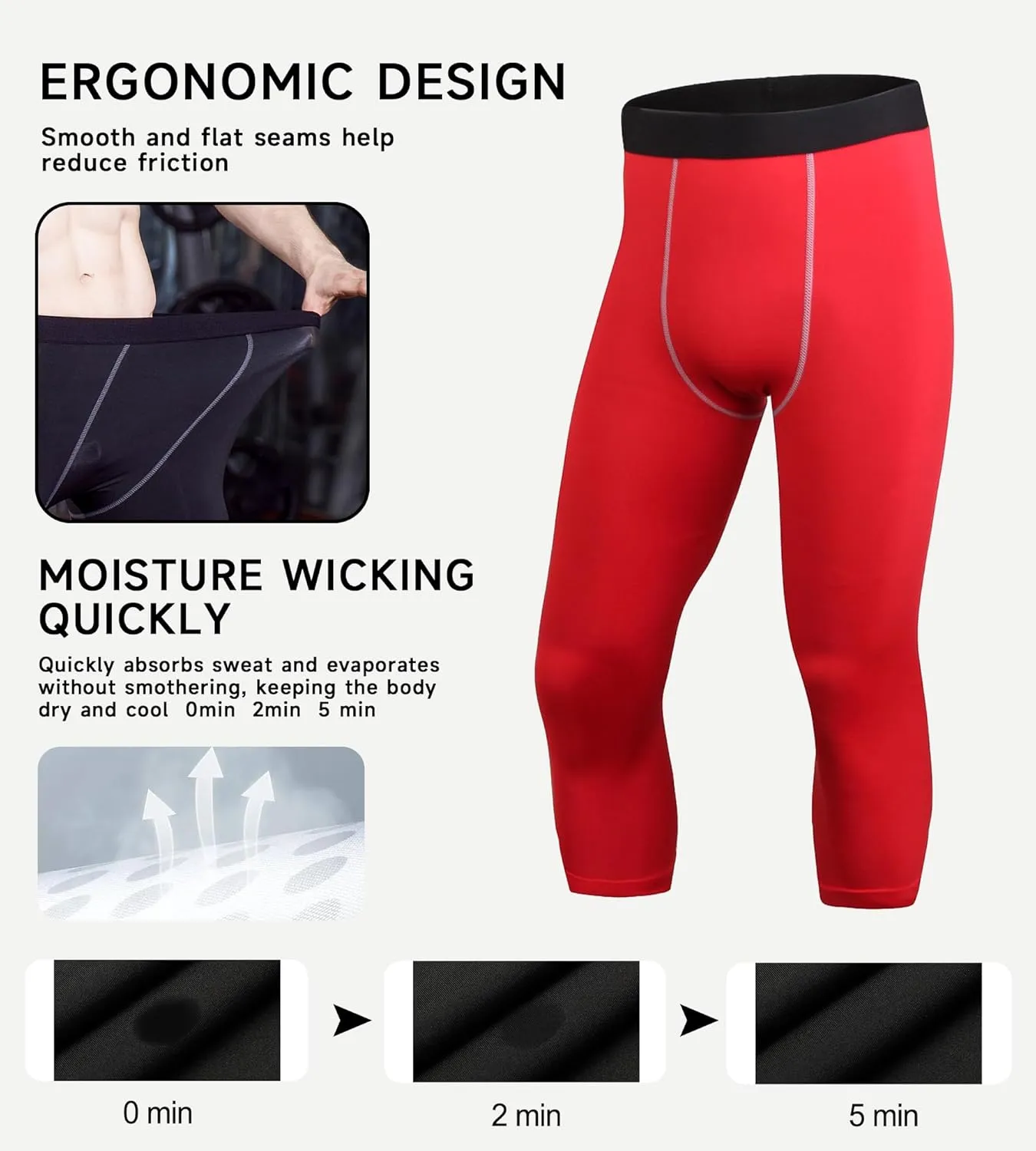 Men's 3/4 Compression Pants Athletic Basketball Leggings Tights Cool Dry Capri Active Gym Base Layer with Pockets