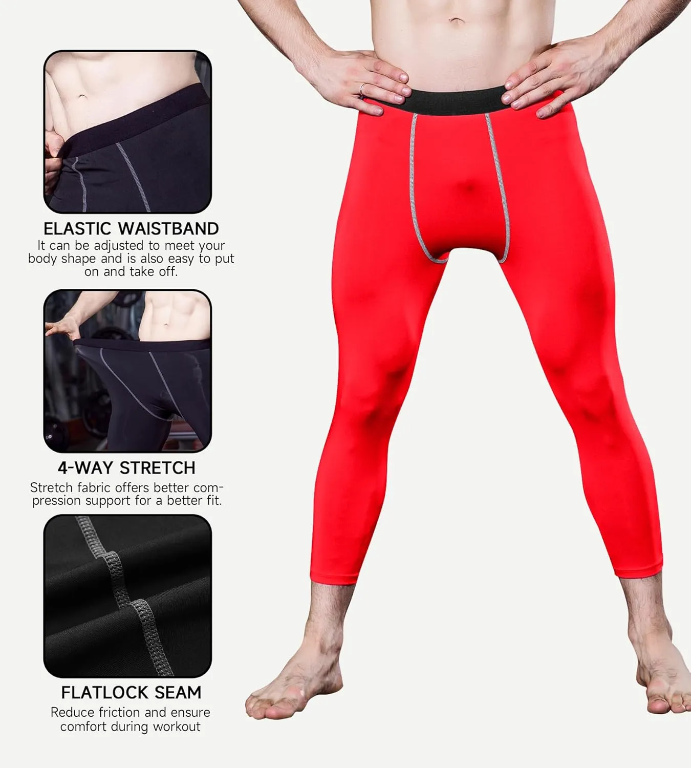 Men's 3/4 Compression Pants Athletic Basketball Leggings Tights Cool Dry Capri Active Gym Base Layer with Pockets