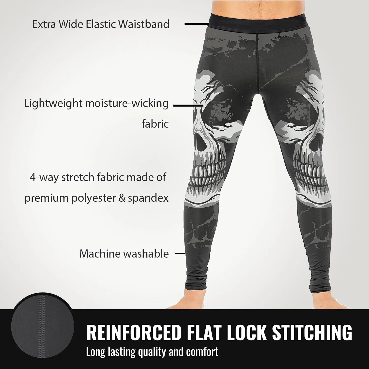 Men's BJJ Spats Skull Printed Leggings Tights, Compression Pants for Multi-Sport