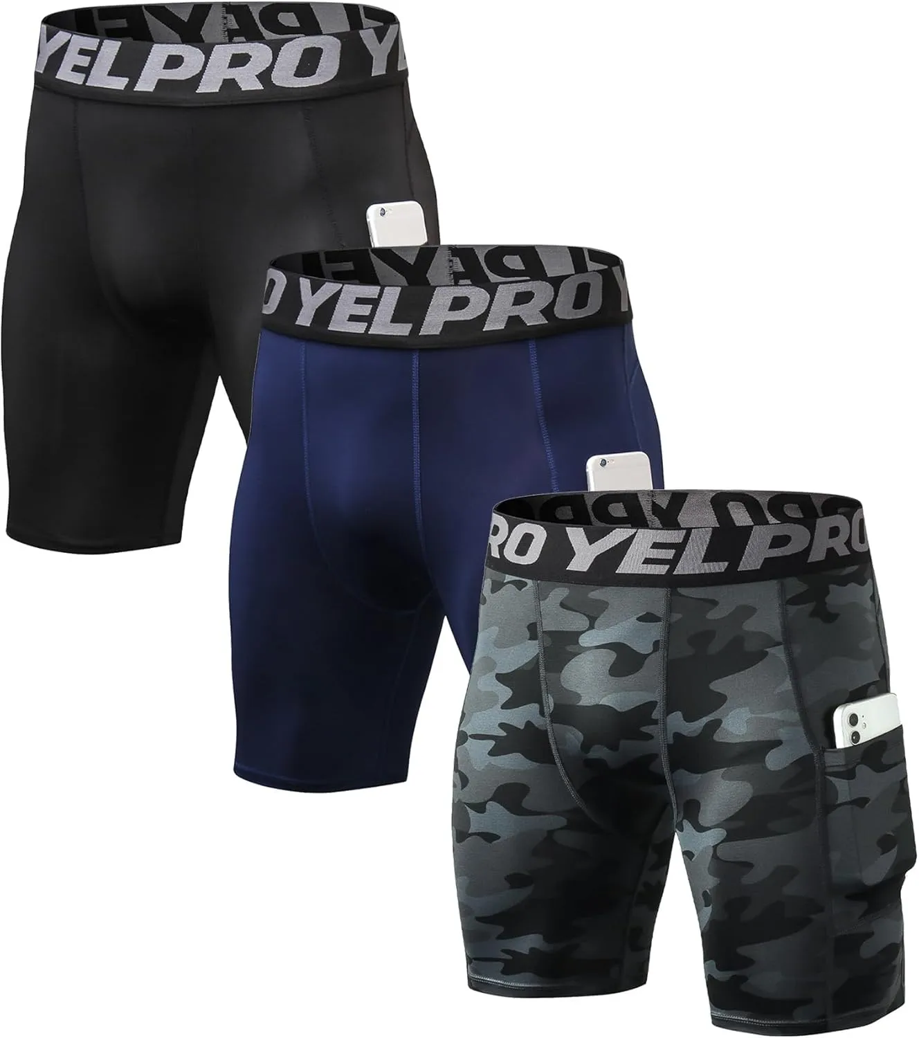 Men’s Compression Shorts with Pocket 1/3 Pack- Running Athletic Workout Underwear Shorts Spandex Sport Tight Shorts