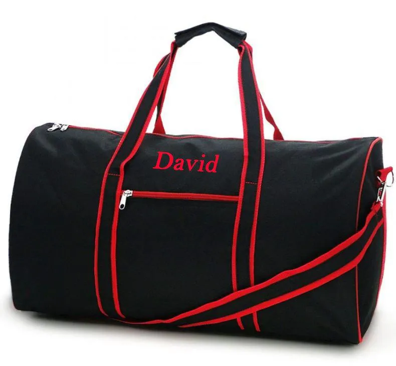 Mens Duffle Travel Bag Personalized Travel Duffle Black with Red Trim