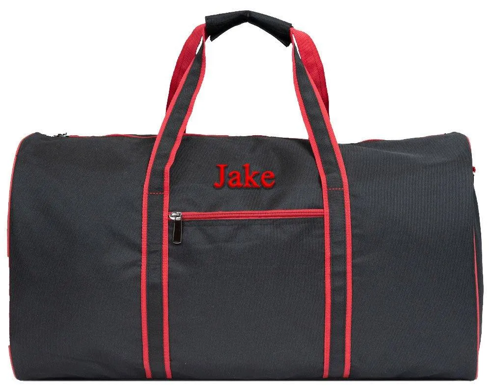 Mens Duffle Travel Bag Personalized Travel Duffle Black with Red Trim
