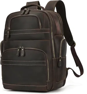 Men's Full Grain Leather Backpack 15.6" Laptop Bag Large Capacity Business Travel Hiking Shoulder Vintage Daypacks, 1823 Dark Brown
