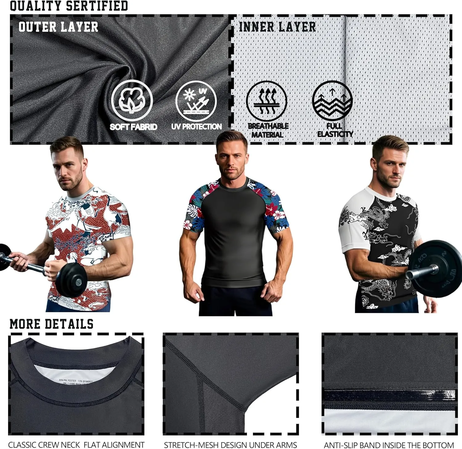 Men's Short Sleeve UPF 50  Rash Guard Skins Compression Shirt UV Sun Protection Rashguard Water Sports Rash Guard