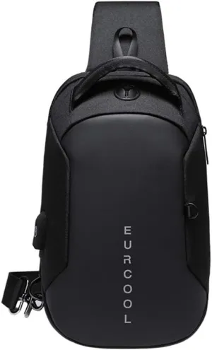 Mens Shoulder Bag,Small Black 10.2 inch Sling Messenger Bags,with USB Port Cross Body Bag,Water Repellent Hiking Biking Chest Daypacks